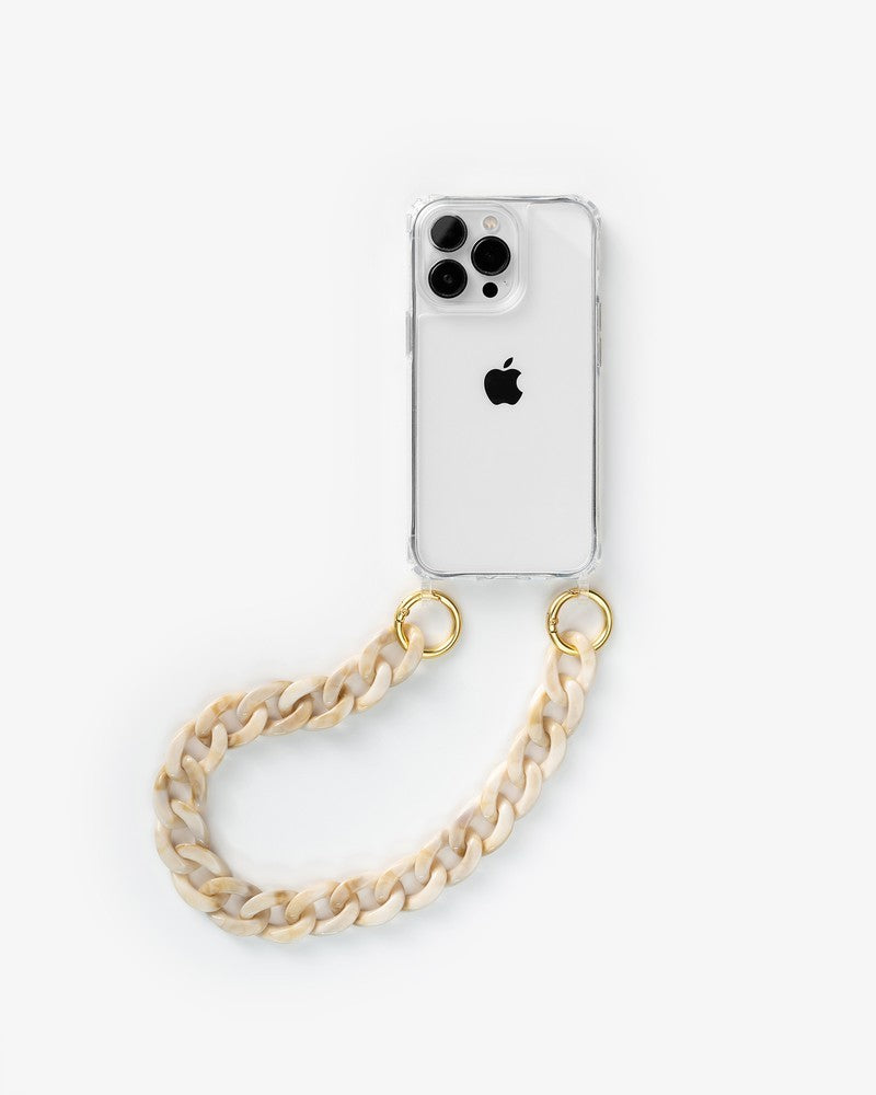 Coque avec chaîne résine courte clear/beige