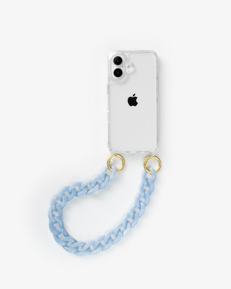 Coque iPhone 16 avec chaîne courte clear/blue