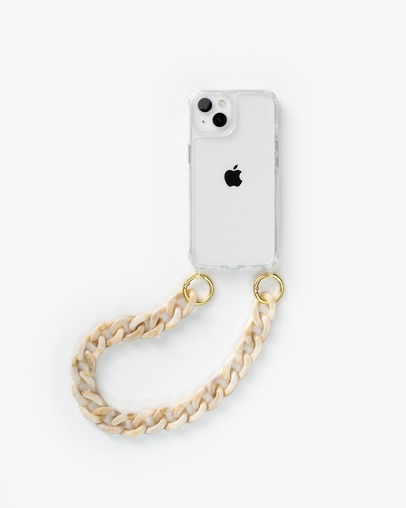 iPhone 13/14 Hülle mit kurzer Kette Clear/Beige