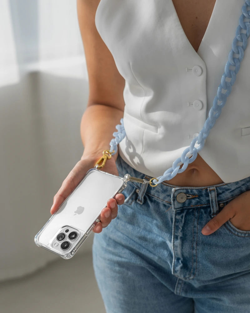 Coque avec chaîne iPhone 16 clear/bleu
