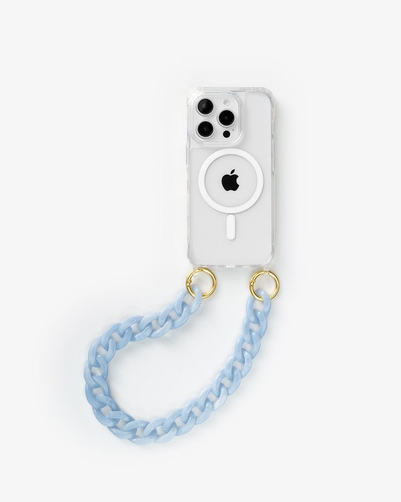 Coque avec chaîne résine courte iPhone 15 Pro MagSafe clear/blue