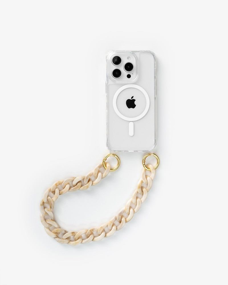 Coque avec chaîne résine courte iPhone 15 Pro MagSafe clear/beige