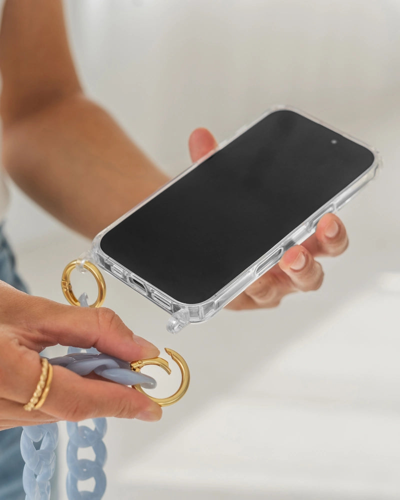 Étui pour iPhone 15 Pro avec chaîne courte Clear/Blue